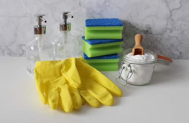 Cleaning equipment (sponges, rubber gloves, soap bottles)