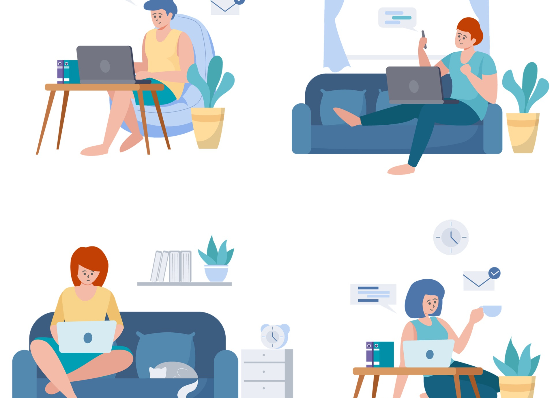Four illustrations of employees working from home